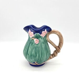 Vintage Majolica Style Floral Ceramic Pitcher Cobalt Blue Green Pink 5 Inch